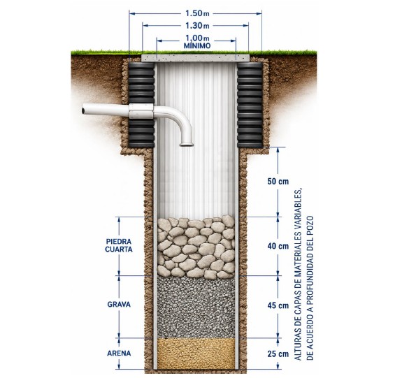 Esquema de zanja de infiltración y pozo de absorción